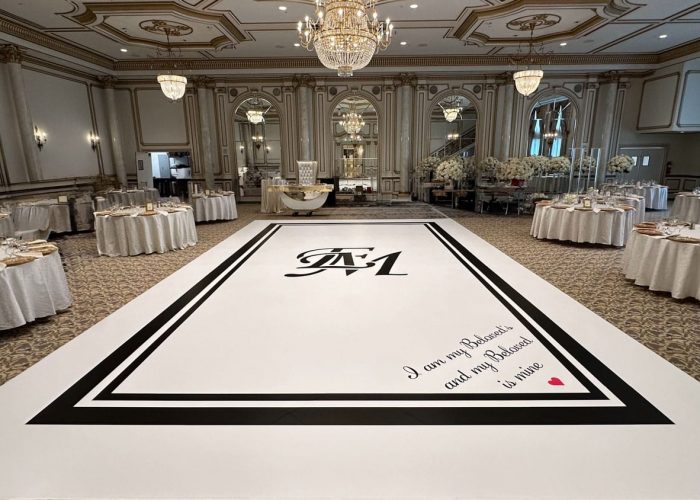 White Dance Floor Wrap with Black Monogram