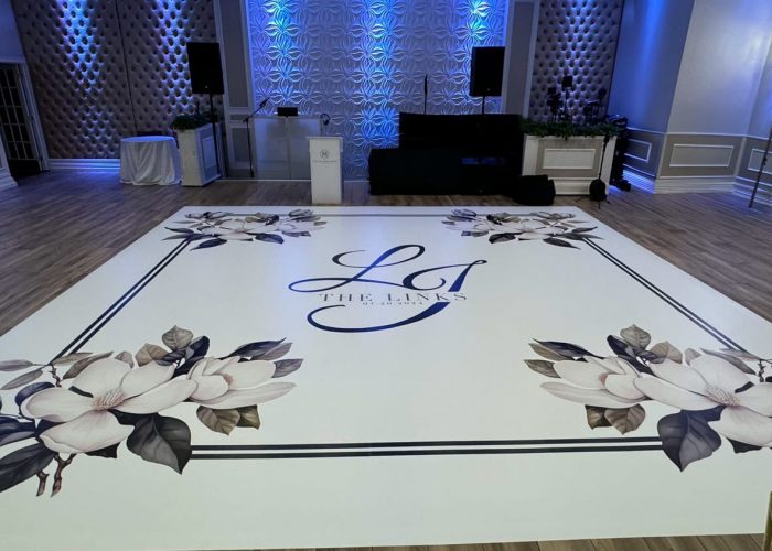 White Floral Dance Floor Wrap with Black Monogram