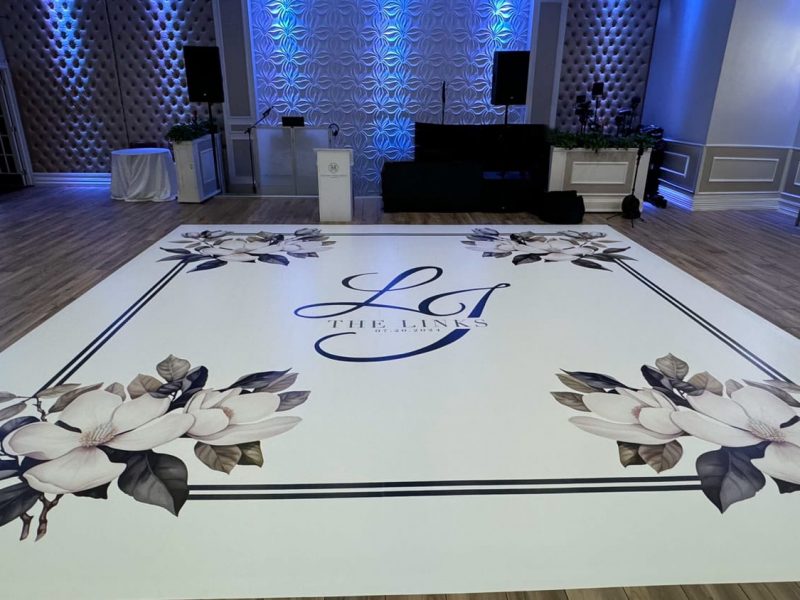 White Floral Dance Floor Wrap with Black Monogram