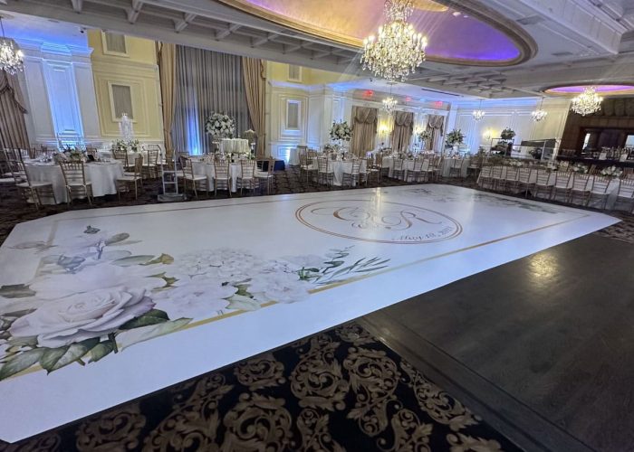 White Floral Dance Floor Wrap with Gold Monogram