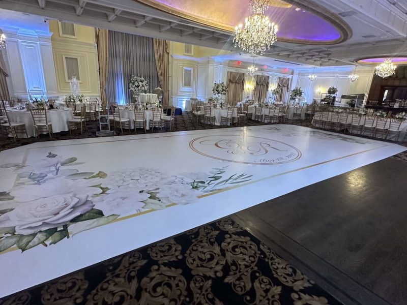 White Floral Dance Floor Wrap with Gold Monogram