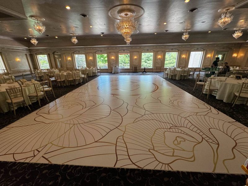 White Floral Dance Floor Wrap with Gold Monogram