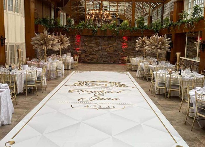 White Dance Floor Wrap with Gold Monogram