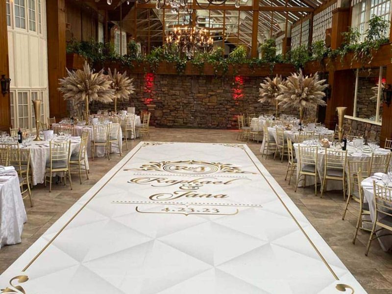 White Dance Floor Wrap with Gold Monogram