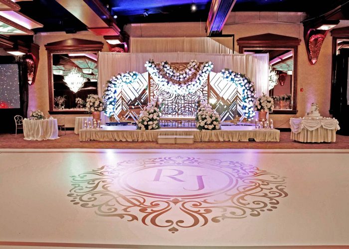 White Dance Floor Wrap with Gold Monogram