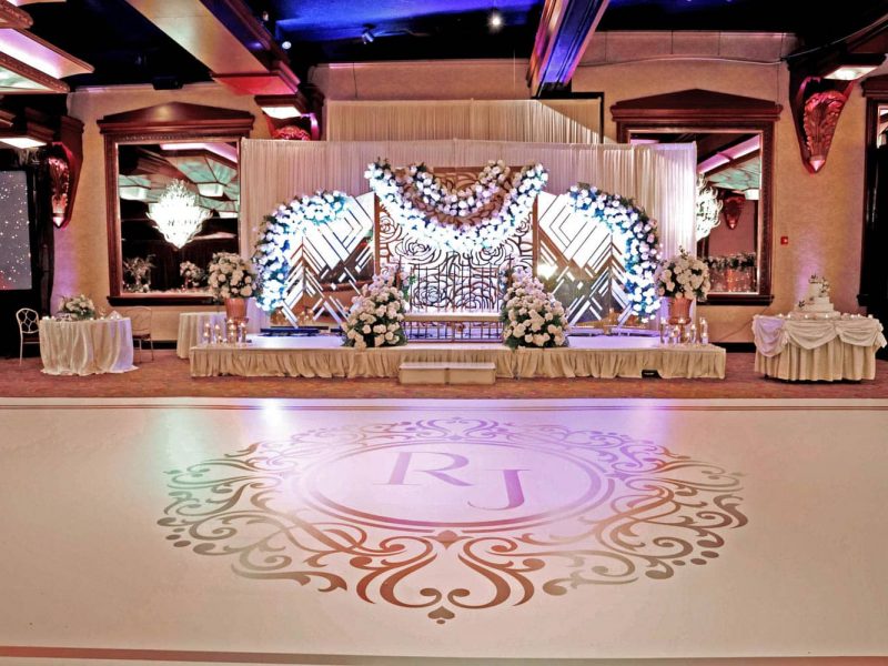 White Dance Floor Wrap with Gold Monogram