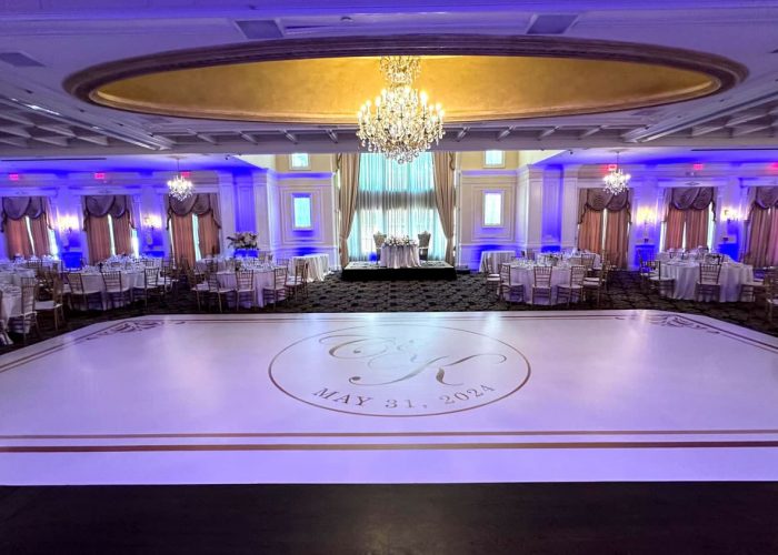 White Dance Floor Wrap with Gold Monogram