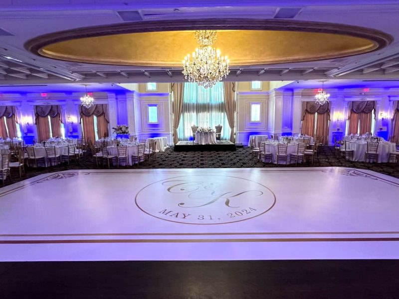 White Dance Floor Wrap with Gold Monogram