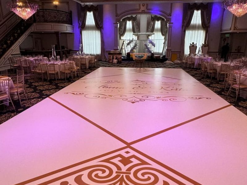 White Dance Floor Wrap with Gold Monogram