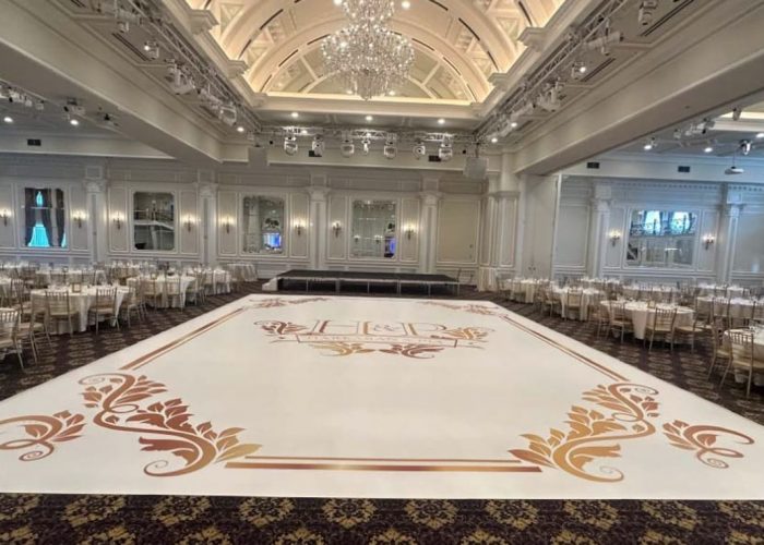 White Dance Floor Wrap with Gold Monogram