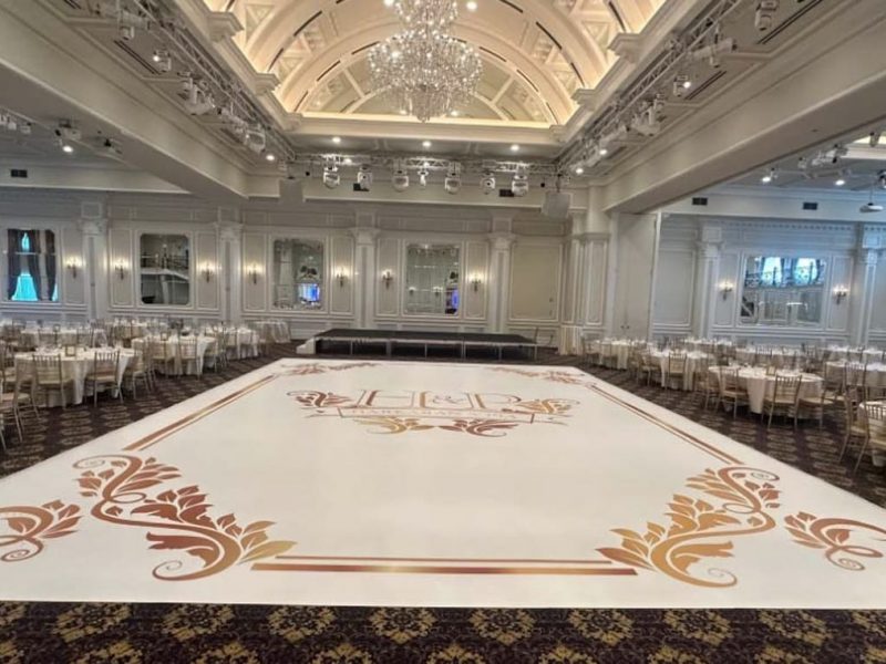 White Dance Floor Wrap with Gold Monogram