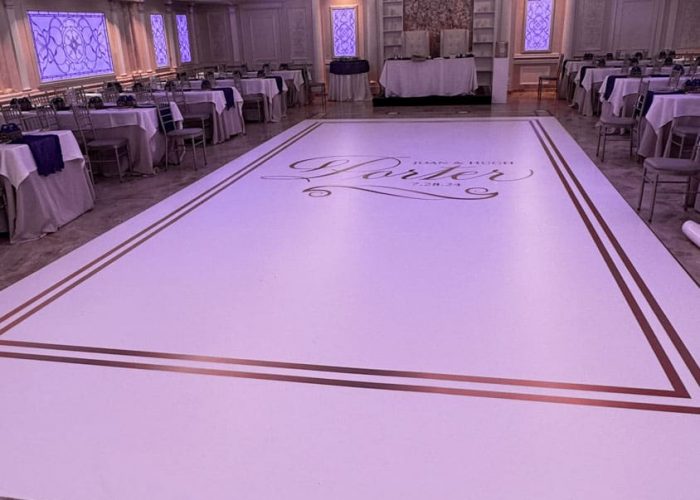 White Dance Floor Wrap with Gold Monogram