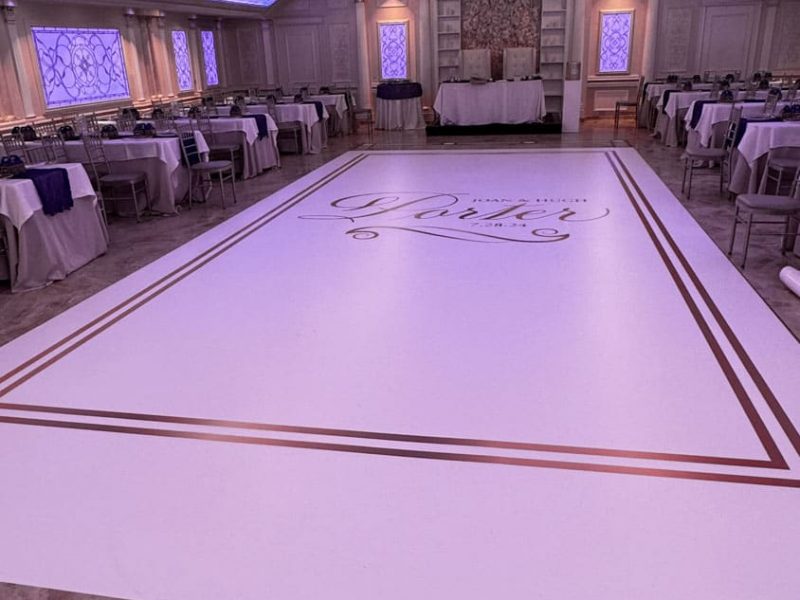 White Dance Floor Wrap with Gold Monogram