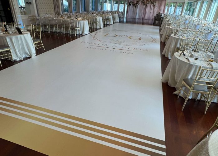 White Dance Floor Wrap with Gold Monogram