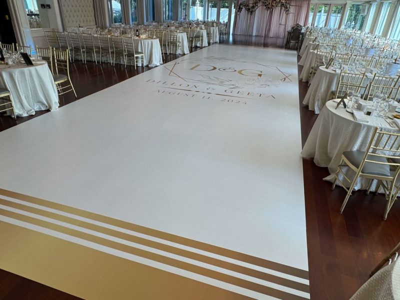 White Dance Floor Wrap with Gold Monogram