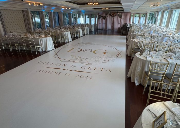 White Dance Floor Wrap with Gold Monogram