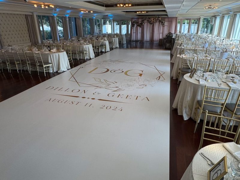 White Dance Floor Wrap with Gold Monogram