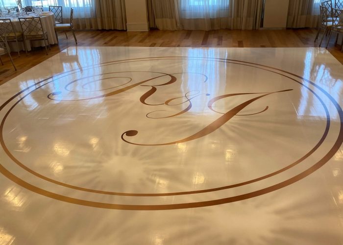 White Dance Floor Wrap with Gold Monogram