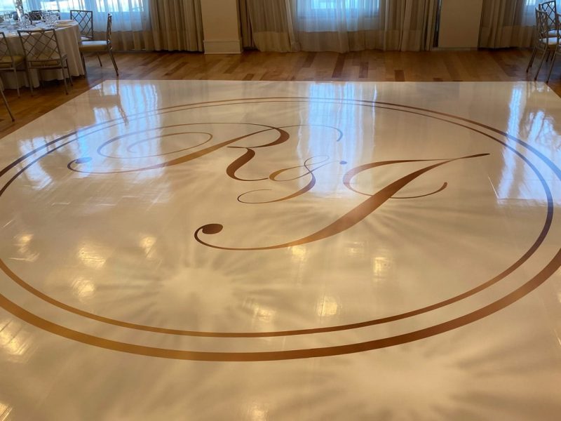 White Dance Floor Wrap with Gold Monogram