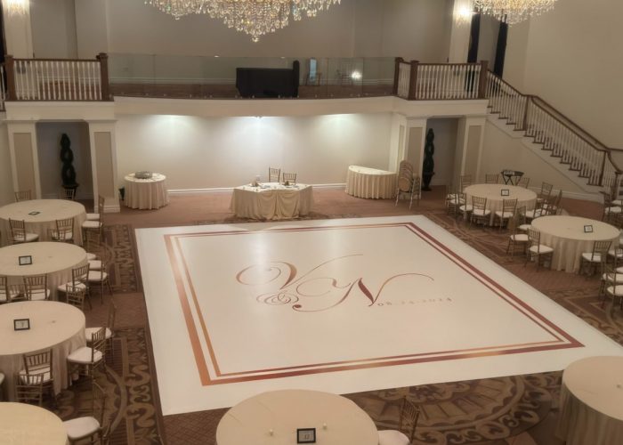 White Dance Floor Wrap with Gold Monogram