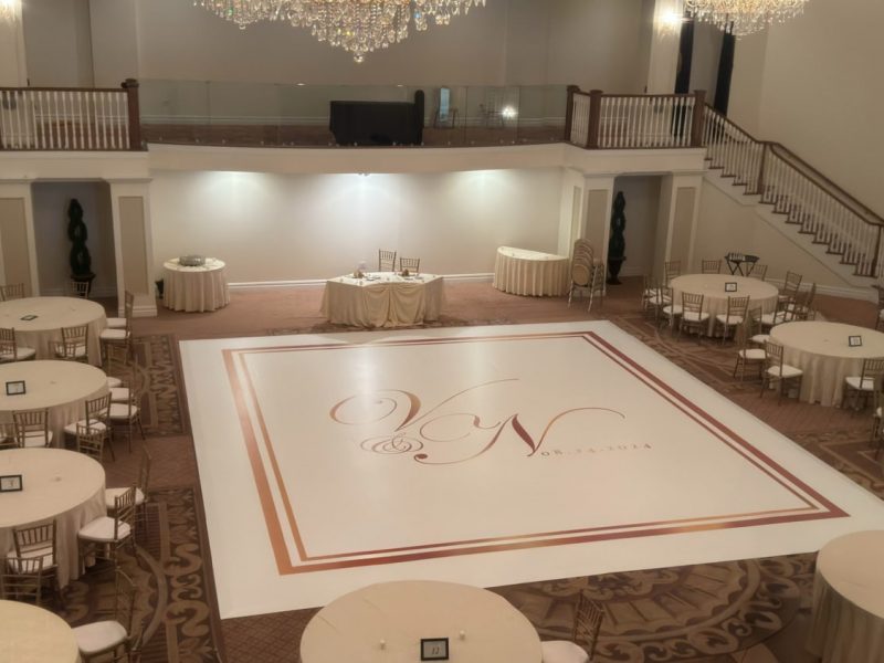 White Dance Floor Wrap with Gold Monogram