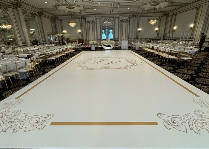 White Dance Floor Wrap with Gold Monogram