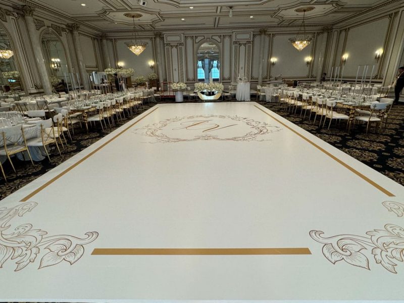 White Dance Floor Wrap with Gold Monogram