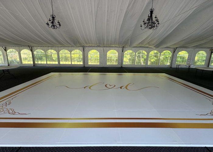 White Dance Floor Wrap with Gold Monogram