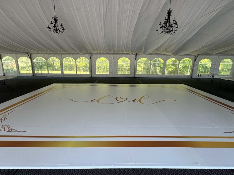 White Dance Floor Wrap with Gold Monogram