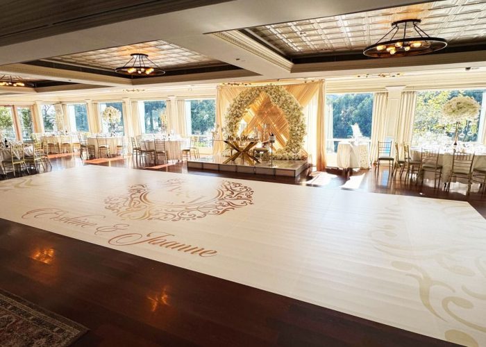 White Dance Floor Wrap with Gold Monogram