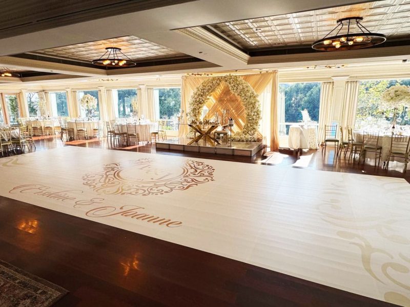 White Dance Floor Wrap with Gold Monogram