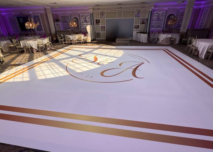 White Dance Floor Wrap with Gold Monogram