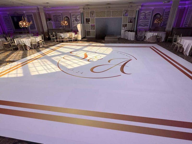 White Dance Floor Wrap with Gold Monogram