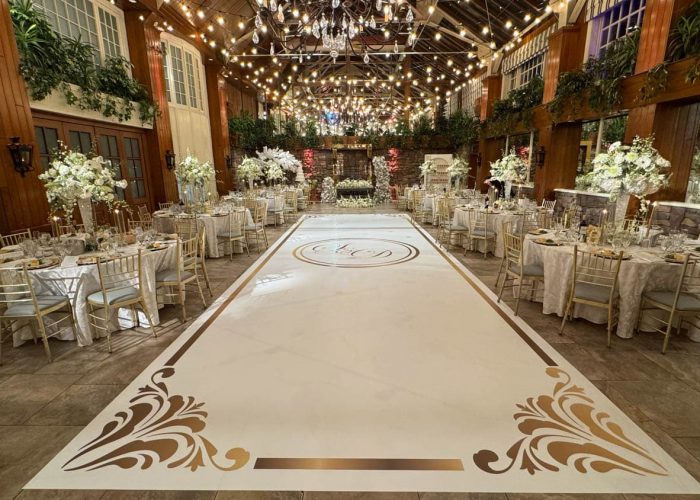 White Dance Floor Wrap with Gold Monogram