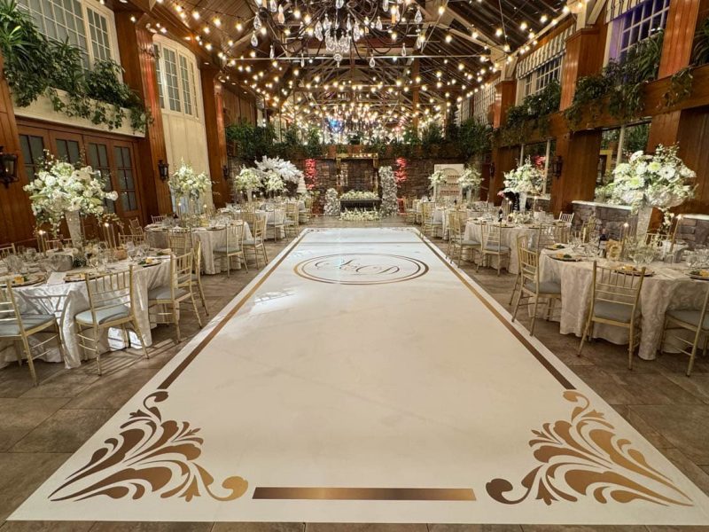 White Dance Floor Wrap with Gold Monogram