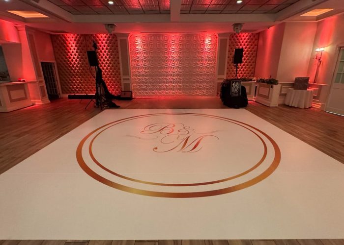 White Dance Floor Wrap with Gold Monogram