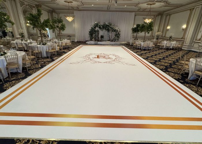 White Dance Floor Wrap with Gold Monogram