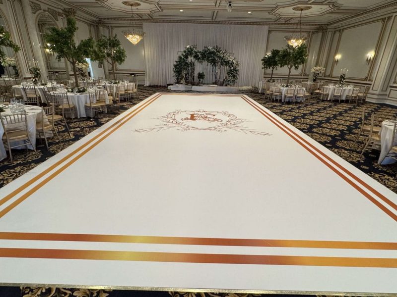 White Dance Floor Wrap with Gold Monogram