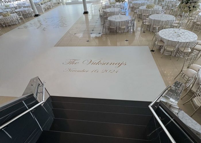 White Dance Floor Wrap with Gold Monogram