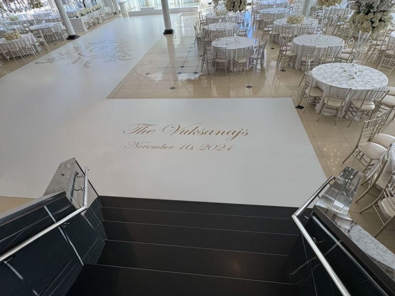 White Dance Floor Wrap with Gold Monogram