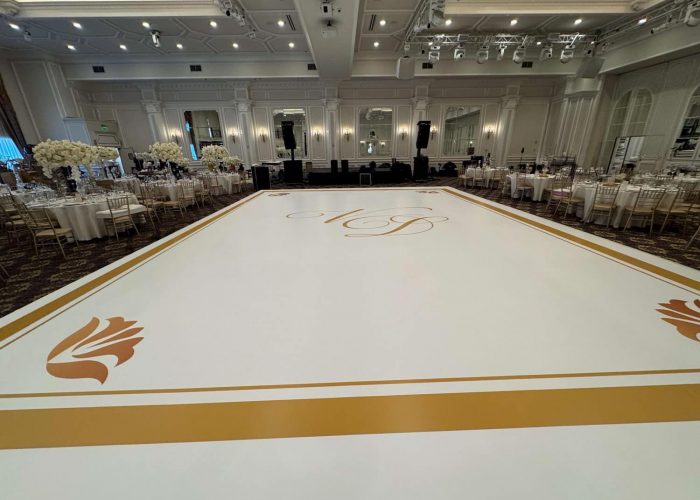 White Dance Floor Wrap with Gold Monogram