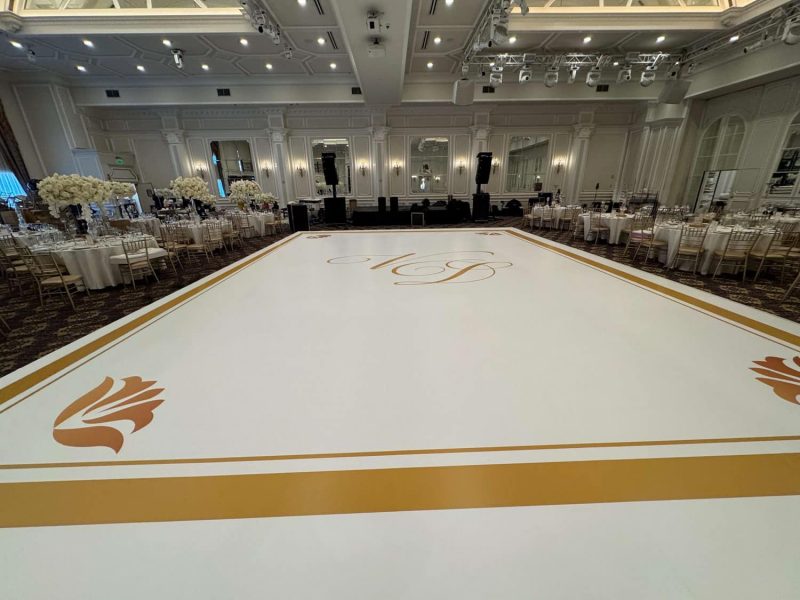 White Dance Floor Wrap with Gold Monogram