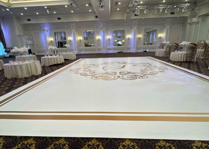 White Dance Floor Wrap with Gold Monogram