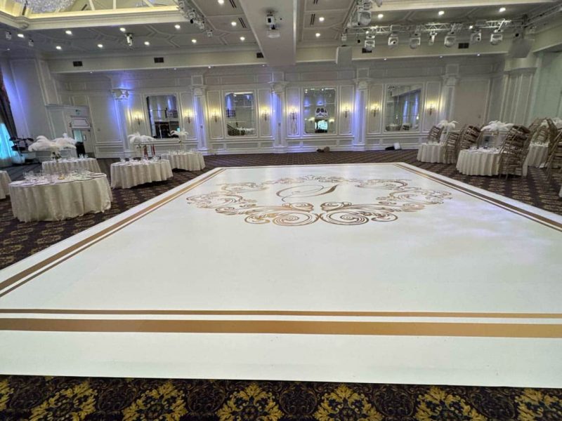 White Dance Floor Wrap with Gold Monogram