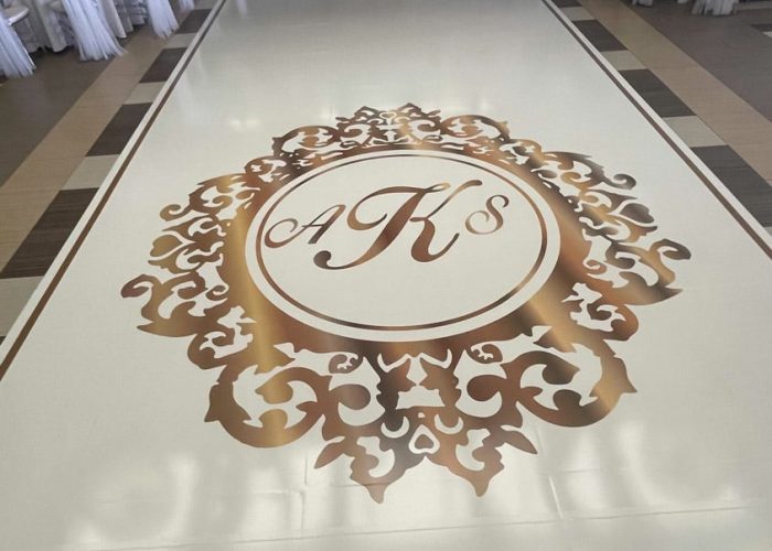 White Dance Floor Wrap with Gold Monogram