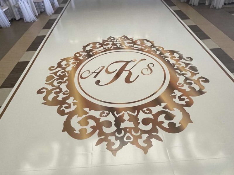 White Dance Floor Wrap with Gold Monogram