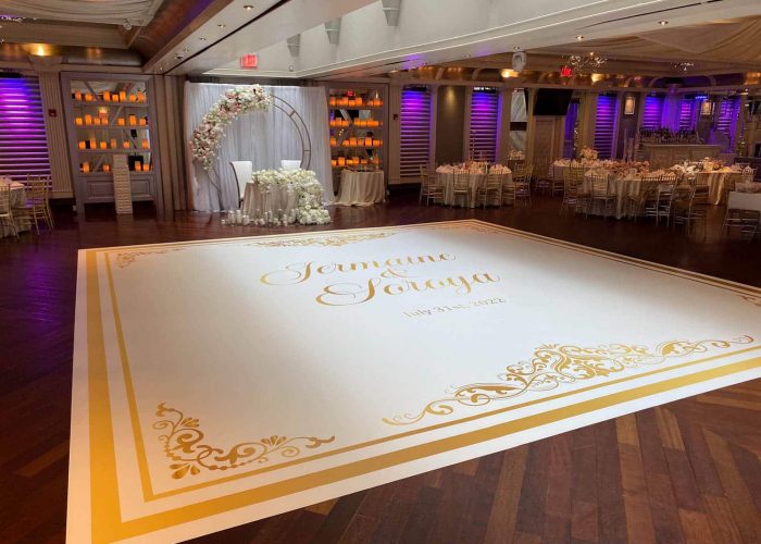 White Dance Floor Wrap with Gold Monogram