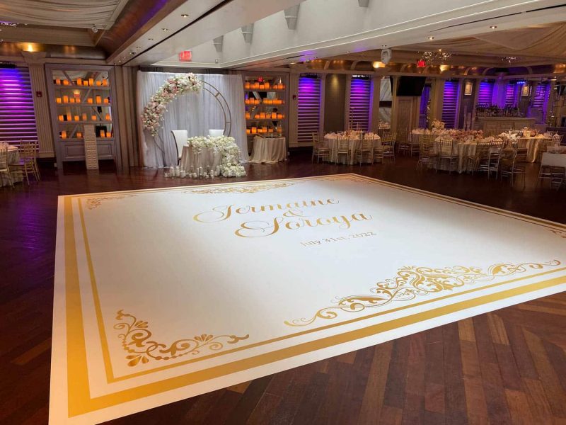 White Dance Floor Wrap with Gold Monogram