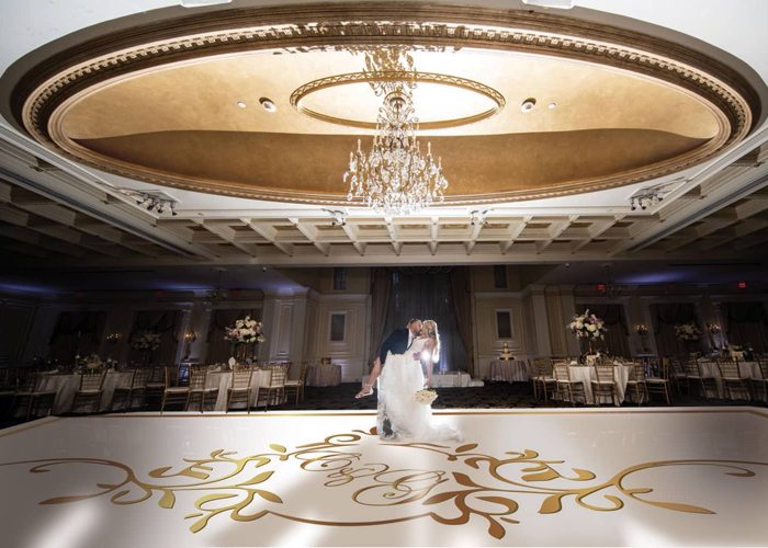 White Dance Floor Wrap with Gold Monogram