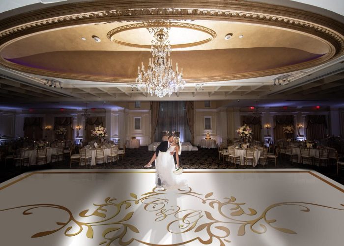 White Dance Floor Wrap with Gold Monogram